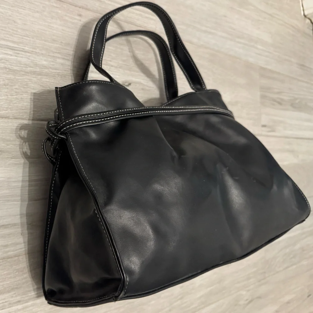 Black Top Handle Bag with White Stitching